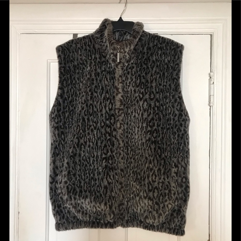 Blue/Brown Leopard Print Zip Up Vest with Pockets